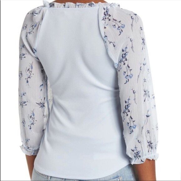 Status by Chenault Floral Chiffon Ruffle Blouse 3/4 Sleeve Top Light Blue NEW - Picture 2 of 7